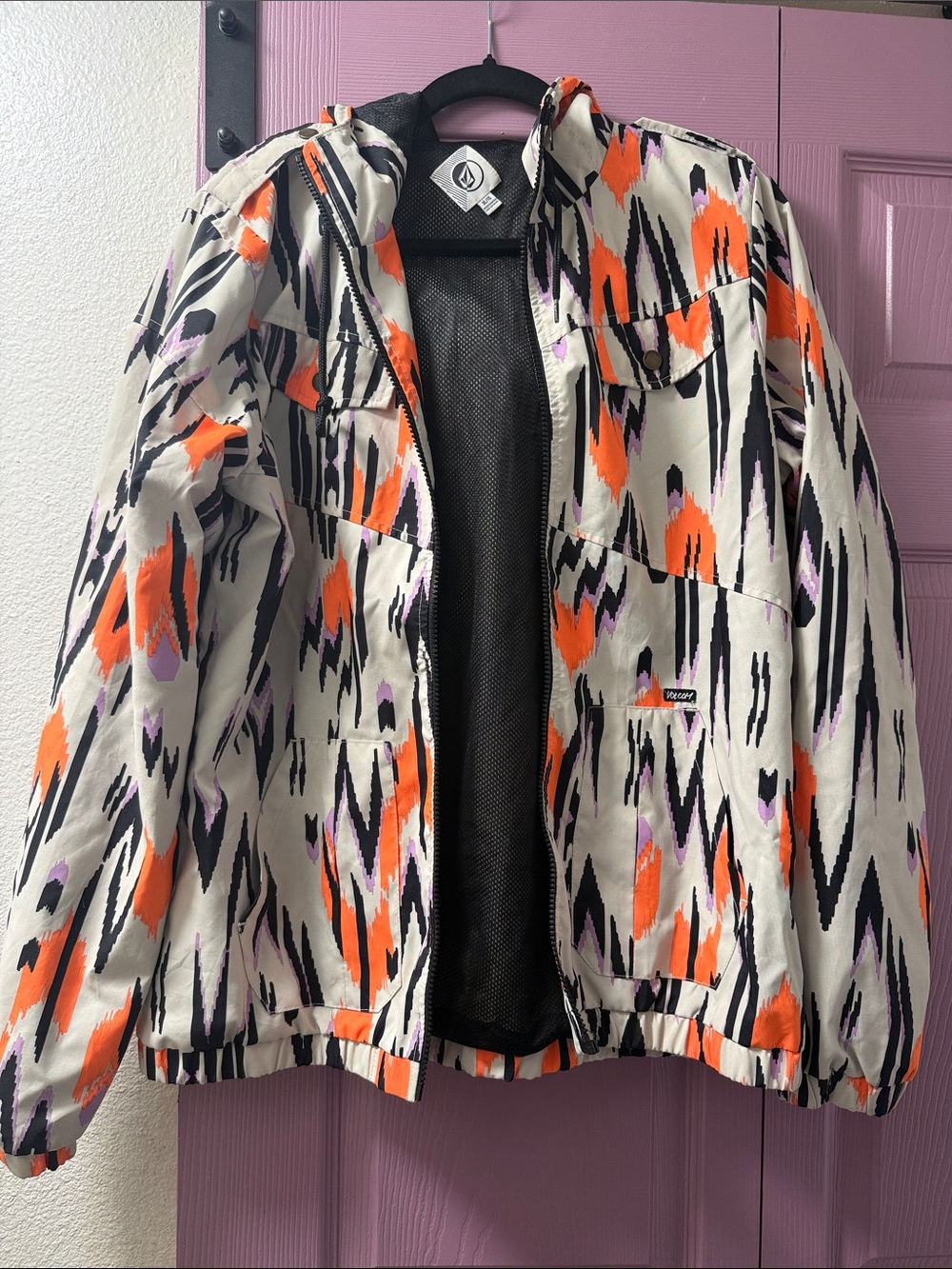 Volcom White Ikat Zip Jacket with Orange & Black Accents